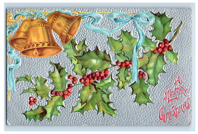 Vintage Metallic Bells Holly Embossed Postcard F108E