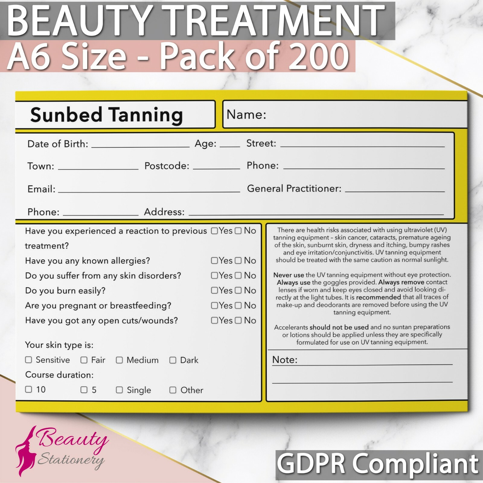 Sunbed Tanning Client Record Card GDPR Compliant Consultation Beauty x200