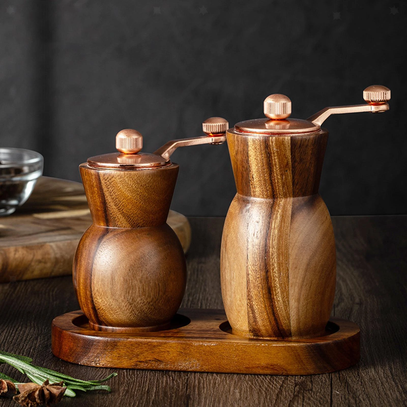 2x Manual Spice Grinder with Tray Wood Salt and Pepper Shakers Kitchen Tools
