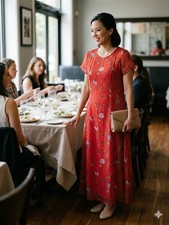 Storybook Heirlooms Vintage Red Floral Midi Made In USA Dress Size 18