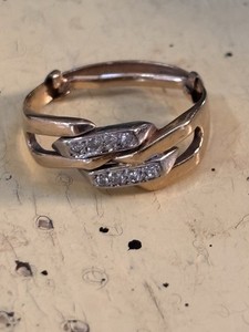 Antique Estate Ring: 14K Stamped 585 Gold & Diamond Art Deco with Guard, 6.75-7