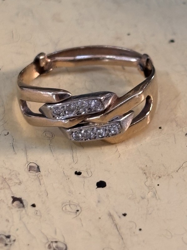 Antique Estate Ring: 14K Stamped 585 Gold & Diamond Art Deco with Guard, 6.75-7
