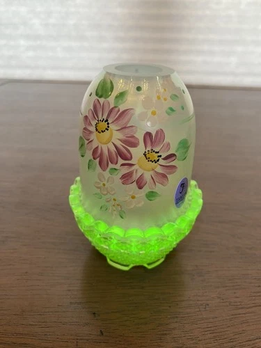 UV REACTIVE FENTON Iridescent Floral PAINTED Fairy Lamp W/LABEL SIGNED 4.5"H