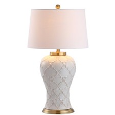 Jonathan Y 29 Cream Textured Ceramic Table Lamp Transitional Quatrefoil Trellis