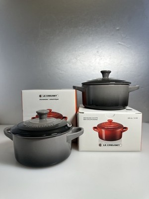 2 Sets Le Creuset Stoneware Mini Cocotte, 14 oz., Flint Oyster Gray Retail NIB