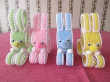 4 Handmade Needlepoint Craft Bunnies in Pastel Colors, 4.75"x4.5"x1.5"