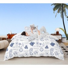 Coastal Duvet Cover Set King Size,Seashell Conch Seahorse Starfish Coral Bedd...