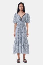GANNI Blue Floral Cotton Long Smock Maxi Dress Glacier Lake EU 34 US 2