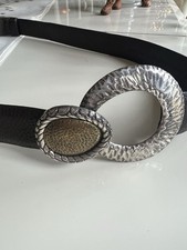 Chico  s Women Adjustable M/L Leather Belt With Hammered Mixed Metal Hook Buckle