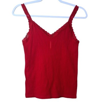 No Boundaries Y2K Red Ribbed Lace Trim Camisole Top Adjustable Straps Large