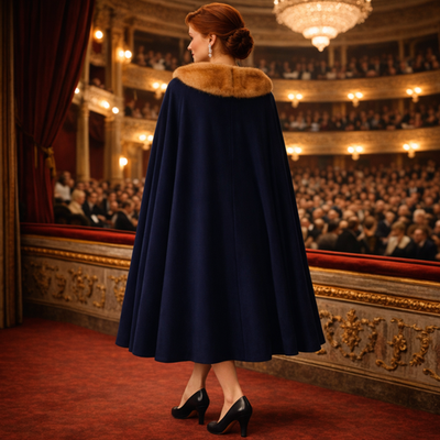 Vintage 1950s Opera Cape Cloak Navy Wool Fur Collar Swing Coat
