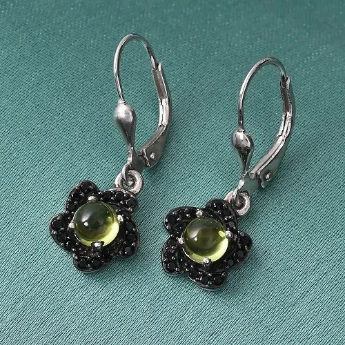 Peridot & Natural Thai Black Spinel Flower Earrings Platinum Over SS 1.80 ctw - Image 2 of 4