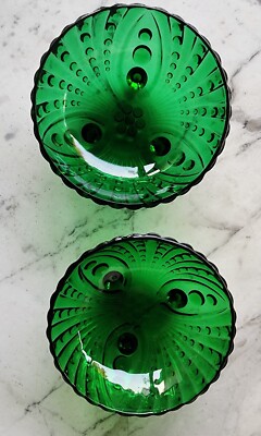 Anchor Hocking Emerald Glass Bowls Burple Bubble Scalloped Footed EC