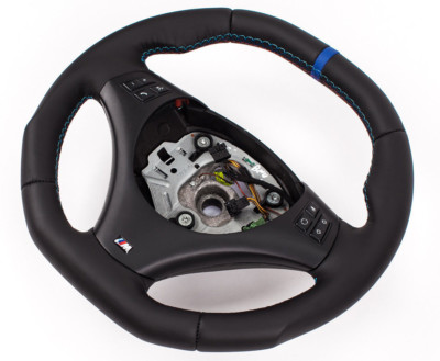 Abgeflacht Lenkrad für BMW M-POWER E90,E91 NEU LEDER BLENDE SCHWARZ Blau Ring