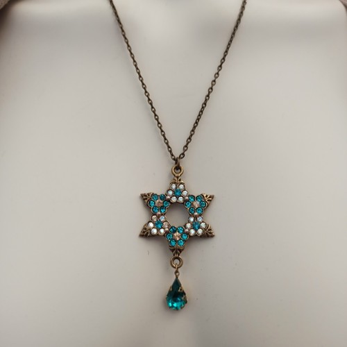 Michal Negrin Necklace Star of David White Blue Turquoise Crystals Israel Gift - Picture 14 of 17
