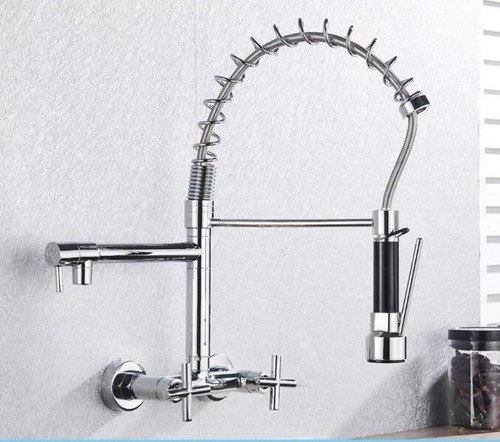 Silver Swivel Spout Spring Pull Down Spray Sink Mixer Tap Faucet Wall Mounted - Picture 3 of 8