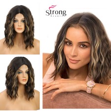 StrongBeauty Short Brown with Blonde Highlights Wavy Heat Ok Synthetic Wig