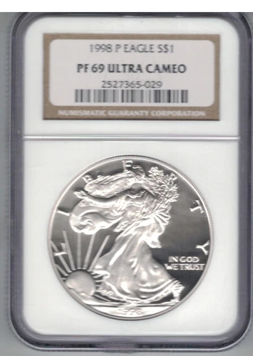 1998 P  1 OZ SILVER EAGLE  NGC PF69 ULTRA CAMEO BROWN LABEL