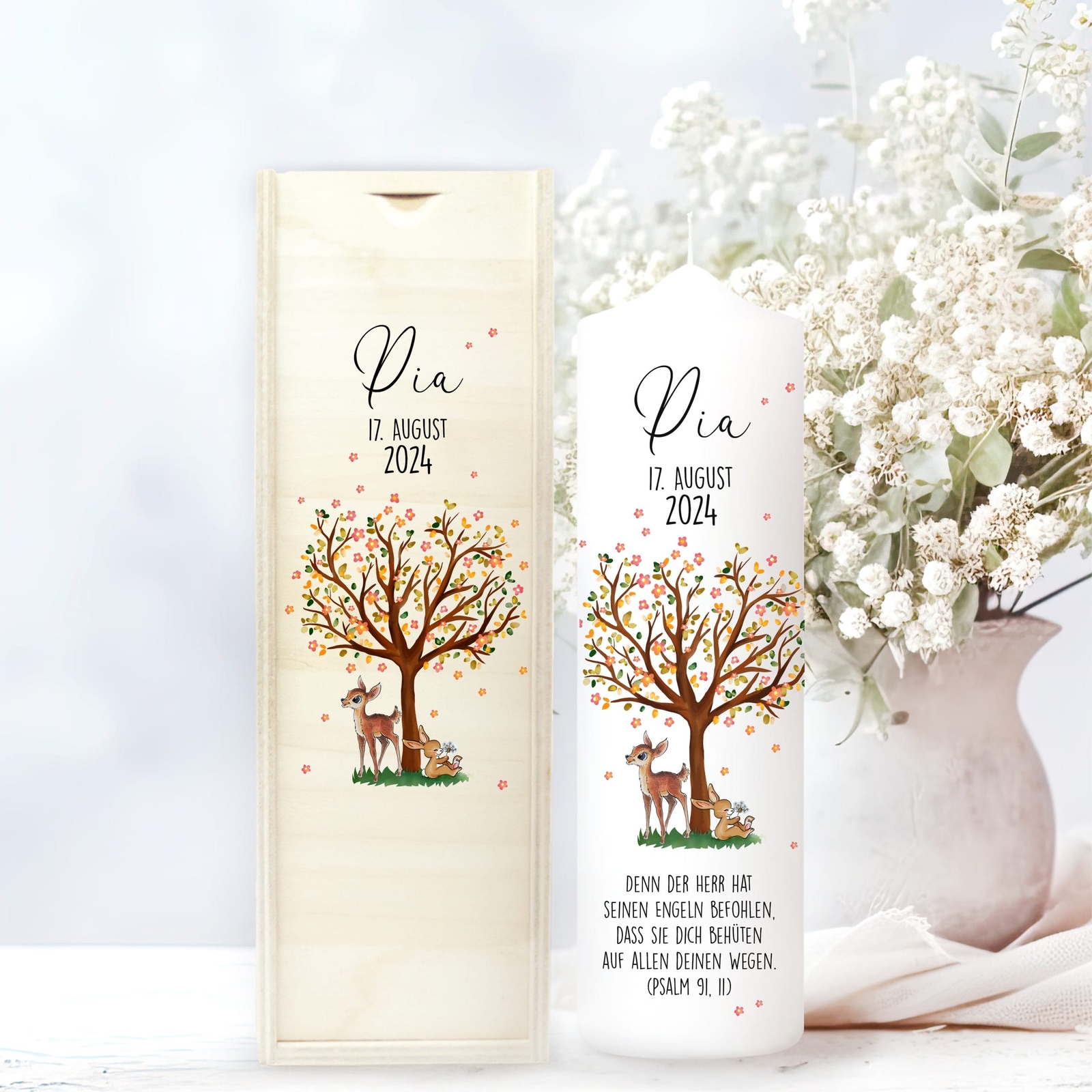 Taufkerze Kerze zur Taufe Baum Lebensbaum Taufspruch individualisierbar Hase ...