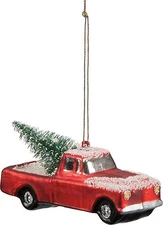 Glass RED PICKUP TRUCK Christmas Tree Ornament, 4.25" Long, Primitives by Kathy