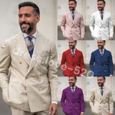 Linen Men's Suits Peak Lapel Double Breasted Formal Party Groom Men Tuxedos