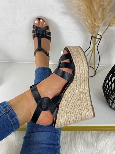 Womens Ladies Girls Black Hessian High Wedge Peep Caged Wedges Shoes UK  Seller | eBay