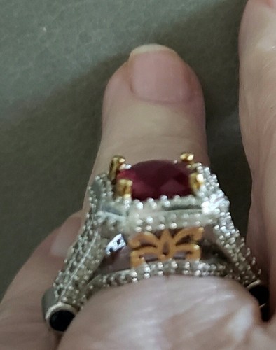 Estate Carol Brodie Ruby, Diamond & Sapphire Ring - Sz 8 - 18k YG/ Sterling - Picture 6 of 7