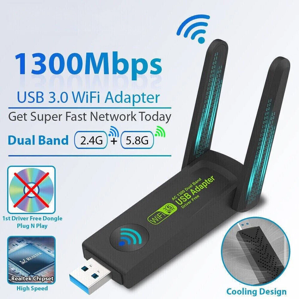 MARKENLOS 1300Mbps USB WLAN Adapter USB 3.0 Stick WiFi Dual-Band 5GHz Antenne PC Bluetooth