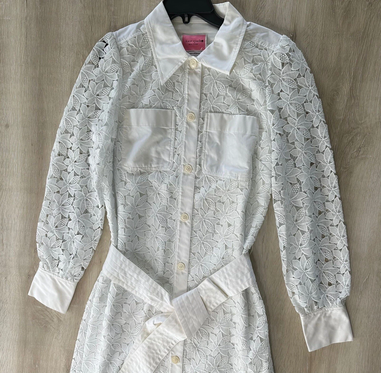 Abito donna Kate Spade bianco 6 occhielli floreali svasato manica lunga cintura colletto