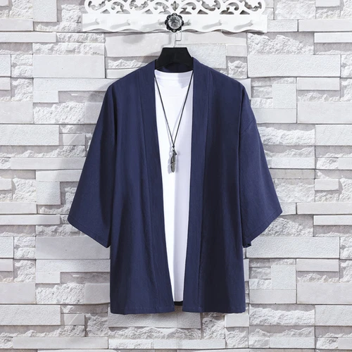 Men Casual Kimono Jacket Coat Tops 3/4 Sleeve Cotton Linen Japanese Cardigan Top - Bild 14 von 23
