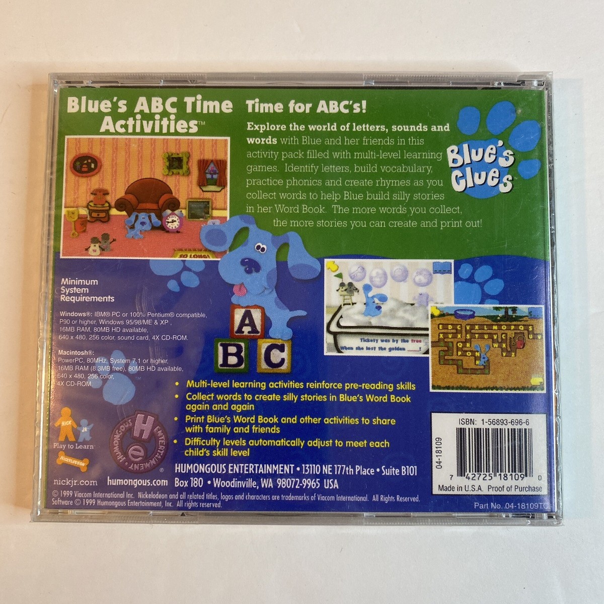Blue's ABC Time Activities (PC, 1999) Blue's Clues CD-ROM Game