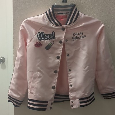 Betsey Johnson Girls Pink Black Varsity Jacket M (10) Embroidered Patch Satin