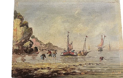 Huile sur panneau , voiliers pécheurs sur échasses, signé 162x220mm - Photo 1/4