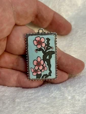 40mm Fimo Clay Floral Pendant, Blue And Pink Floral, Silver Bezel