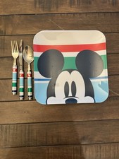 Disney Store Mickey Mouse Melamine Plate and Utensil Set For 4