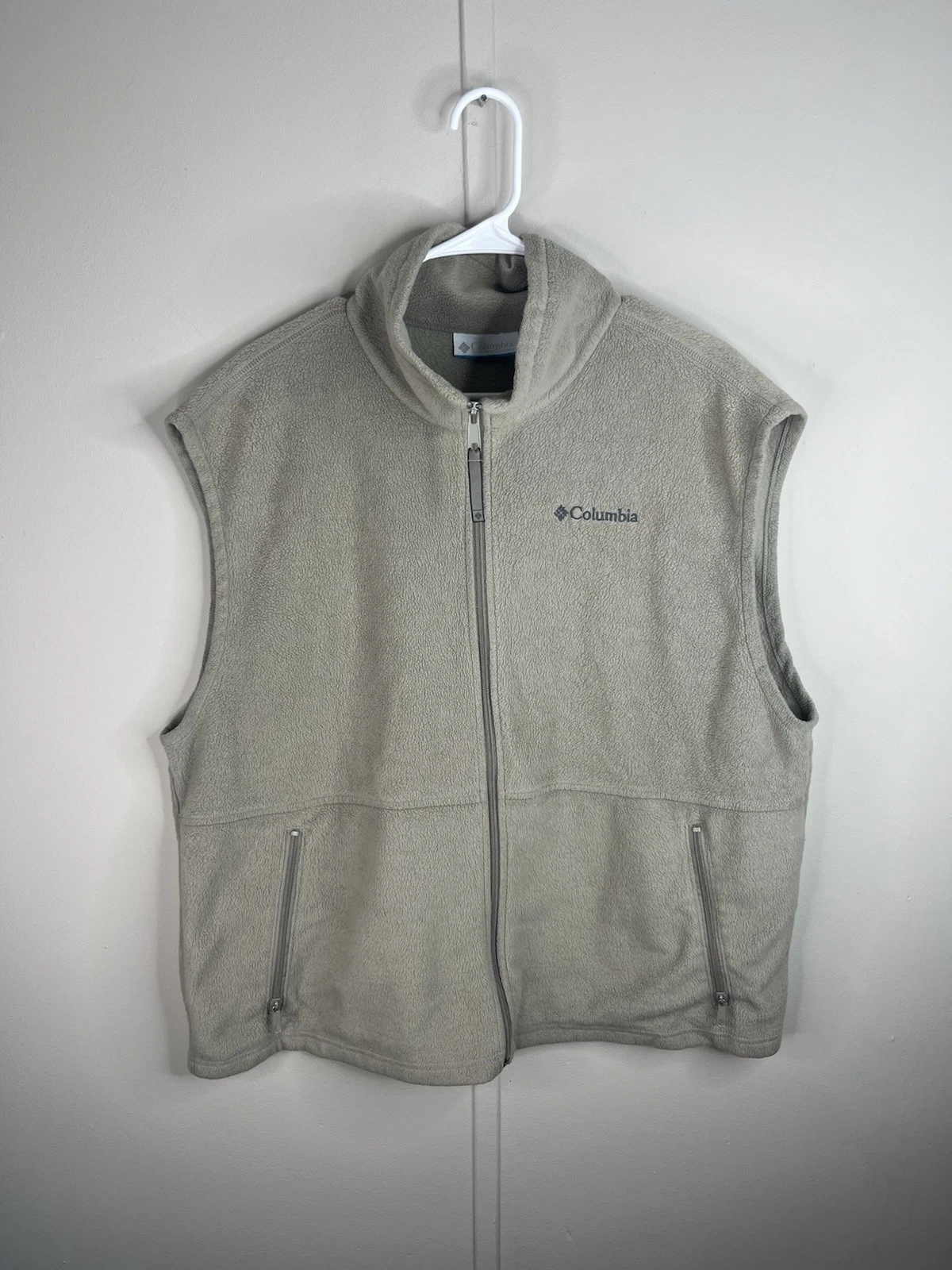 Columbia Fleece Vest Mens L Light Gray Full Zip Outdoor Hiking Pockets