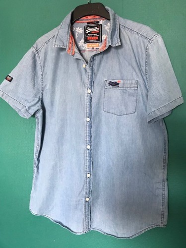 Superdry Hemd Herren Blau Baumwolle Kurzarm Oberteil Gents Größe XXL