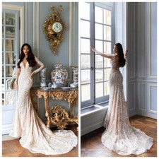 Luxury Mermaid Wedding Dresses Long Sleeved Backless Lace Applique Bridal Gowns