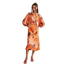 Farm Rio Puff-Sleeve Cutout Slip Dress Orange Purple Long Sleeve Panther Small