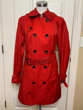 Michael Kors Red Button-Up Hooded Belted Trench Coat, Size Large
