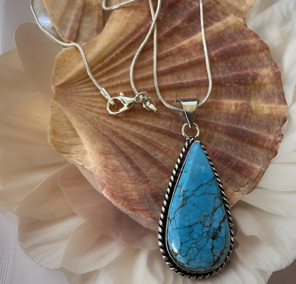 Collar Colgante de Piedras Preciosas Turquesa - Chapado en Plata de Ley 925 - Nuevo Foto 2 de 4