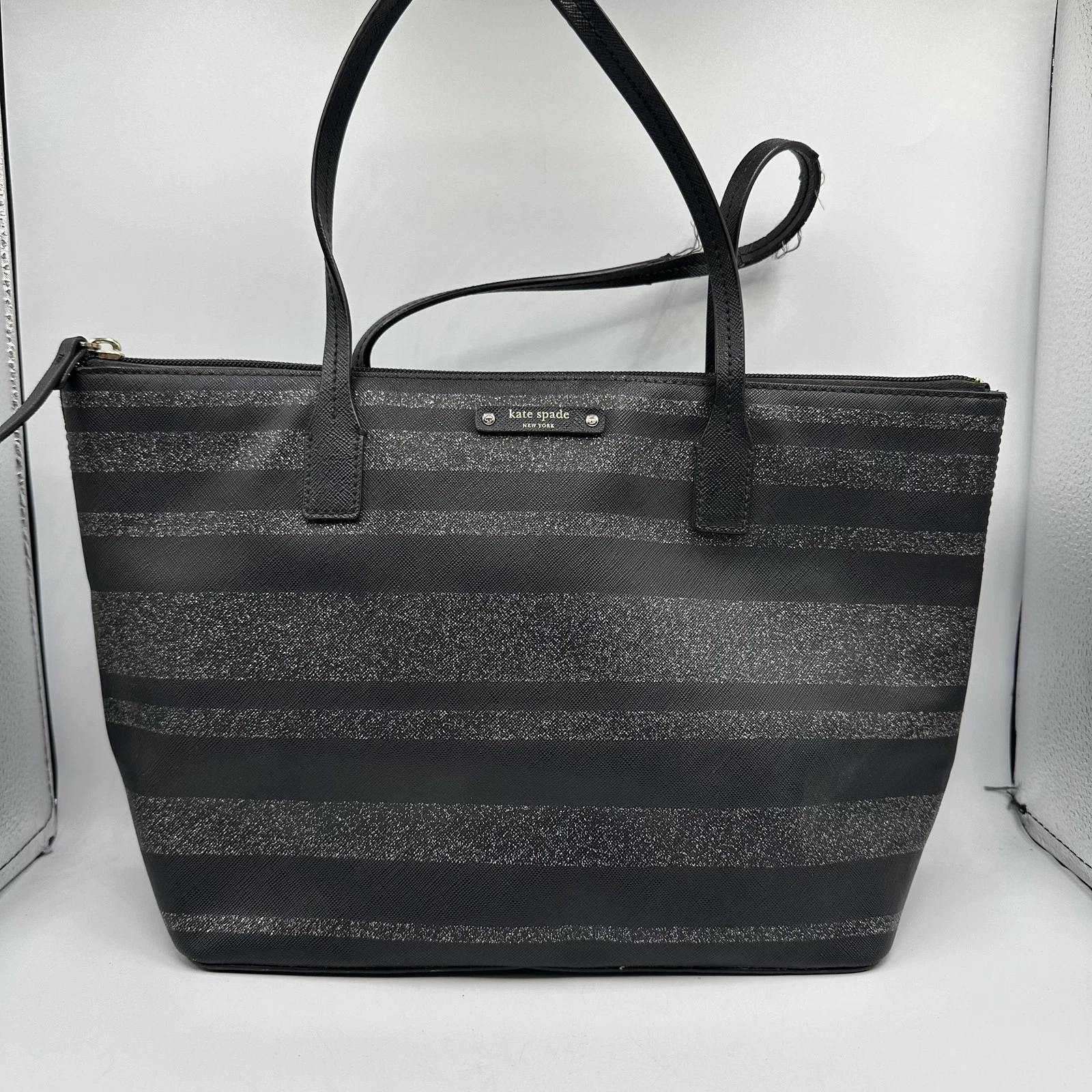 Kate Spade New York Black Glitter Stripe Saffiano Leather Tote Bag Purse