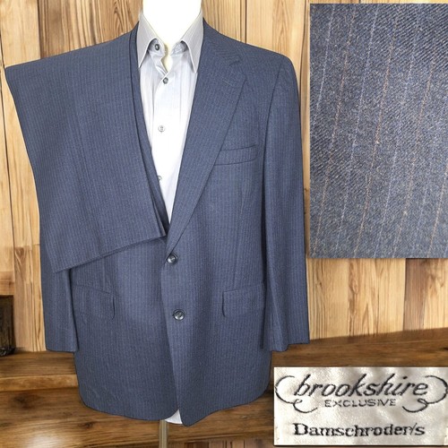 Brookshire 2 Piece Suit Mens 44S 36X29 Blue Stripe Flannel Wool Vintage