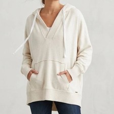 Aerie Hoodie Women M Cream Oversized Terry V-Neck Ribbed Sweatshirt Pocket