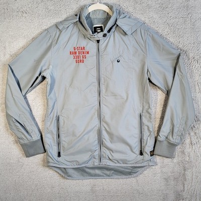 G Star Raw Windbreaker Jacker Mens L Gray Embroidered Performance Full Zip
