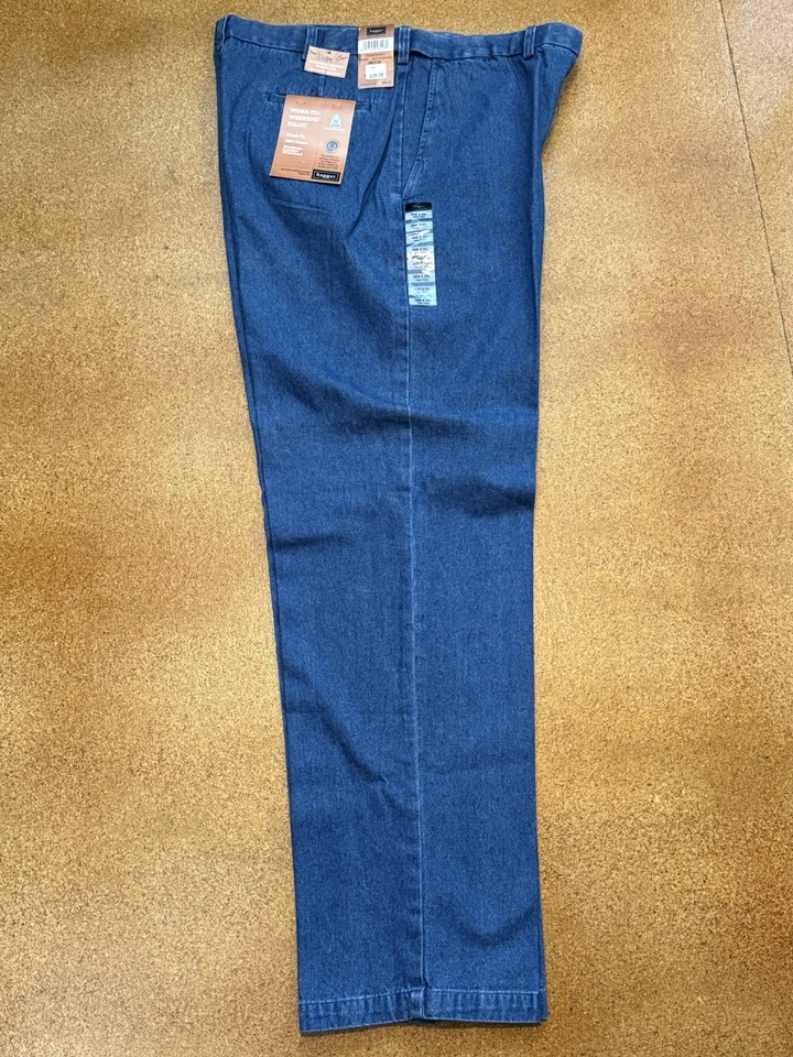 Pantalones de mezclilla Haggar Work To Weekend delanteros lisos cintura expandible 4111442256498 Foto 3 de 4