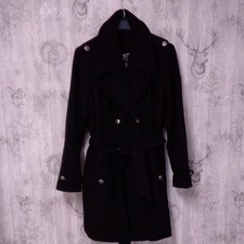 M&S Collection Black Belted Double Breasted Trench Coat Pockets Mid-Length 22