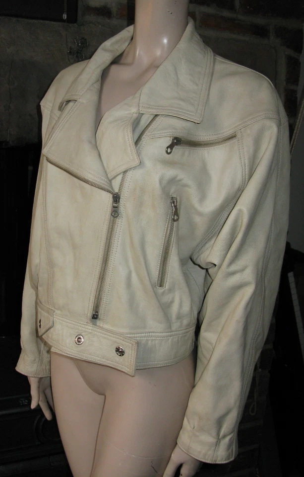 ANNA BIAGINI Designer Italy Beige Cream Biker Classic Soft Leather Jacket Large - Image 2 of 4