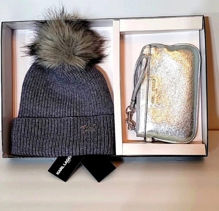 KARL LAGERFELD PARIS WRISTLET BAG BEANIE SET Grey Silver NWT MSRP 108