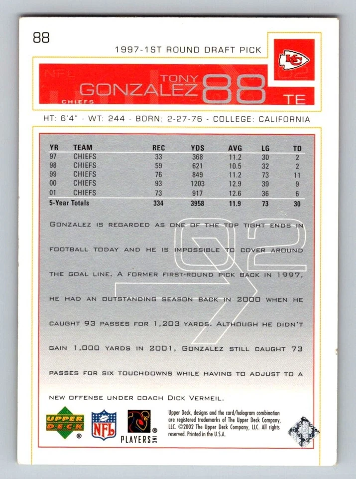 2002 Upper Deck Tony Gonzalez #88 HOF Kansas City Chiefs - Image 2 of 2